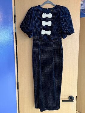 Sugarlips Jasmine Velvet Pearl Bow Midi Dress | Navy | size XS